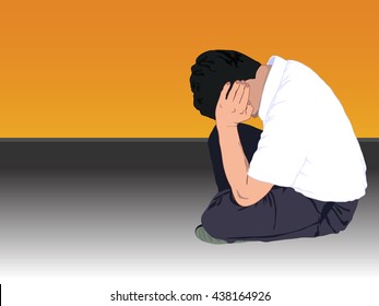 Full length of a young businessman sitting on floor with hands covering face in an empty room