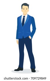 Full length of young businessman standing with one hand in pocket in concept of confident and relax gesture. Flat design, isolated on white.