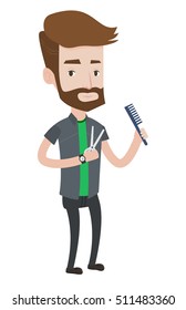 Full length of young caucasian hipster barber with beard holding comb and scissors in hands. Professional barber ready to do a haircut. Vector flat design illustration isolated on white background.