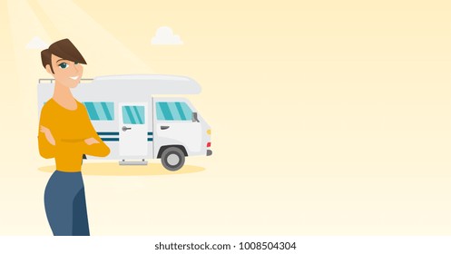 Full length of young caucasian white woman standing with arms crossed on the background of motorhome. Smiling woman enjoying her vacation in a motorhome. Vector cartoon illustration. Horizontal layout