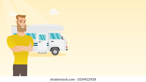 Full length of young caucasian white man standing with arms crossed on the background of motorhome. Smiling man enjoying his vacation in a motorhome. Vector cartoon illustration. Horizontal layout.