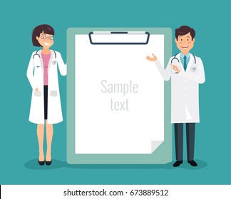 Full length of young cheerful doctors pointing at empty medical clipboard. Vector illustration 