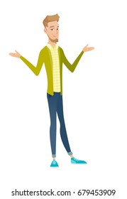 Full length of young confused caucasian businessman. Confused businessman with spread arms. Confused businessman shrugging shoulders. Vector flat design illustration isolated on white background.