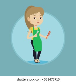 Full length of young hairstylist holding comb and scissors in hands. Professional caucasian hairstylist ready to do a haircut. Vector flat design illustration in the circle isolated on background.