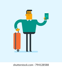 Full length of young happy caucasian white airplane passenger with suitcase waiting for a flight at the airport and holding a passport and a boarding pass. Vector cartoon illustration. Square layout.