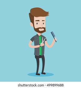 Full length of young hipster barber with beard holding comb and scissors in hands on a blue background. Professional hairdresser ready to do a haircut. Vector flat design illustration. Square layout.