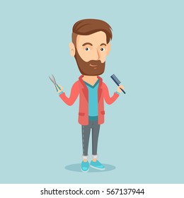 Full length of young hipster barber with beard holding comb and scissors in hands. Professional barber ready to do a haircut. Vector flat design illustration. Square layout.