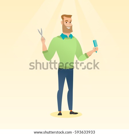 Full length of young hipster barber with beard holding comb and scissors in hands. Professional caucasian barber ready to do a haircut. Vector flat design illustration. Square layout.
