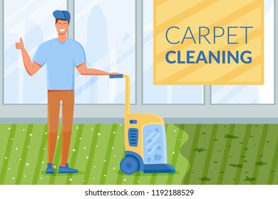 Full length of young man cleaning carpet with vacuum cleaner at home