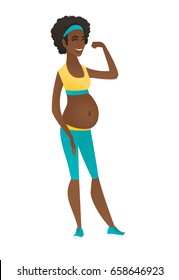 Full length of young pregnant woman in good physical form. African-american pregnant woman in sportswear exercising during pregnancy. Vector flat design illustration isolated on white background.