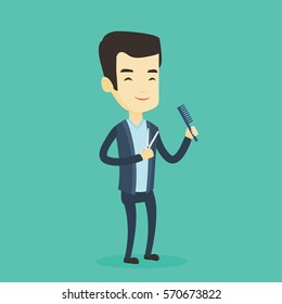 Full length of young smiling asian barber holding comb and scissors in hands on a blue background. Professional happy barber ready to do a haircut. Vector flat design illustration. Square layout.