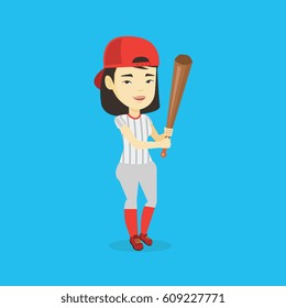 Full length of young smiling asian baseball player wearing uniform. Professional baseball player standing with bat. Cheerful baseball player in action. Vector flat design illustration. Square layout.