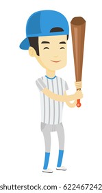 Full length of young smiling asian baseball player wearing uniform. Baseball player standing with bat. Cheerful baseball player in action. Vector flat design illustration isolated on white background.