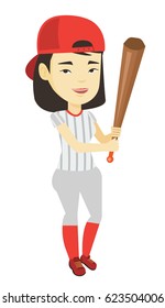 Full length of young smiling asian baseball player wearing uniform. Baseball player standing with bat. Cheerful baseball player in action. Vector flat design illustration isolated on white background.