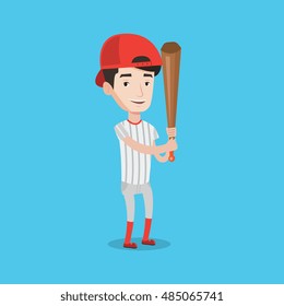 Full length of young smiling baseball player wearing uniform. Professional baseball player standing with a bat. Cheerful baseball player in action. Vector flat design illustration. Square layout.