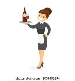 Vollständige Länge der hellblütigen, kaukasischen Kellnerin mit Glas und einer Flasche Rotwein. Vektorgrafik-Illustration einzeln auf weißem Hintergrund.