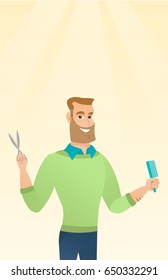 Full length of young smiling hipster barber with the beard holding comb and scissors in hands. Professional caucasian barber ready to do a haircut. Vector flat design illustration. Vertical layout.