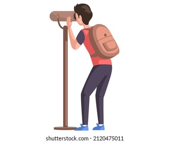 Full length of young traveler with spyglass. Man with tourist backpack looking through spyglass. Entertainment for tourists, sightseeing. Guy while traveling admires landscape with magnifying device