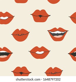 Full lips, closed and open mouth on a beige background, vector geometric seamless pattern. For printing on clothes, T-shirts, bags, cosmetics, wallpaper in the room, gift wrapping.
