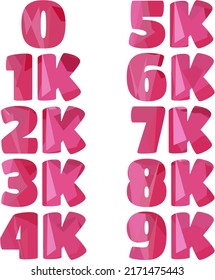 A full list of thank you number font cards with a rose pink cutout shape design for likes and subscribers in vector format for blogs and social media platforms on the web.
0,1k,2k,3k,4k,5k,6k,7k,8k,9k