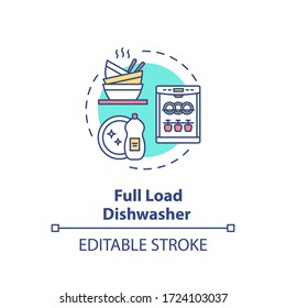 Icono de concepto de lavavajillas de carga completa. Preservar el consumo de electricidad. Uso inteligente de agua. Ilustración de línea delgada de idea de ahorro de recursos. Dibujo de color RGB con contorno aislado por vectores. Trazo editable