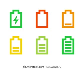 Full and low battery icon set. Simple color charge indicator sign collection, accumulator logo isolated on white background. Editable stroke. Vector illustration for web, mobile app, ui design