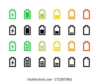 Full and low battery icon set. Simple horizontal charge indicator sign collection, accumulator logo isolated on white. Vector illustration for web, mobile app, ui design