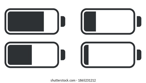 Full and low battery icon set. Simple black charge indicator sign collection, accumulator logo isolated on white background. Vector illustration for web, mobile app, ui design
