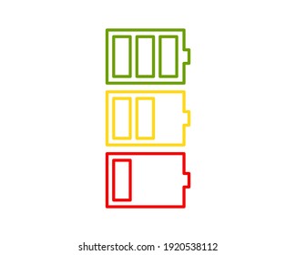 Full and low battery icon set. Simple color charge indicator sign collection, accumulator logo isolated on white background. Vector illustration for web, mobile app, ui design.