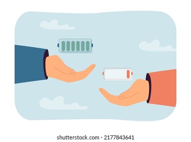 Full and low battery level on hands flat vector illustration. Green and red battery charge level indicators. Energy, power, electricity concept for banner, website design or landing web page
