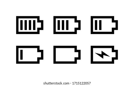 Full And Low Battery Mobile Icon Set. Simple Horizontal Black Charge Indicator Sign Collection, Accumulator Logo Isolated On White. Editable Stroke. Vector Illustration For Web, App, Ui Design