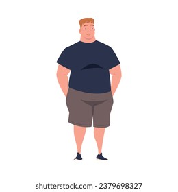 Full Man Character with Plump Body Standing and Smiling Vector Illustration