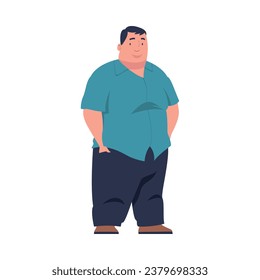 Full Man Character with Plump Body Standing and Smiling Vector Illustration