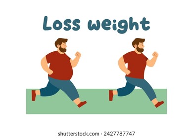 full man is jogging. weight loss. concept of health and take care. results before and after. vector