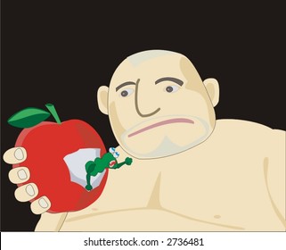 Full the man with surprise considering an apple from which the impudent worm threatens it with a fist