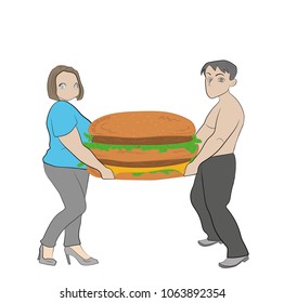 full of man and woman holding a hamburger. concept of fast food. proper nutrition. vector illustration.