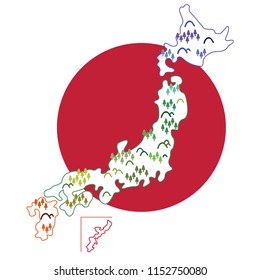 Full map of Japan, nicely decorated with trees and mountains. Red circle at the back represent the sun mark on Japanese flag . Editable vector art. Can be used as a decoration on related articles.