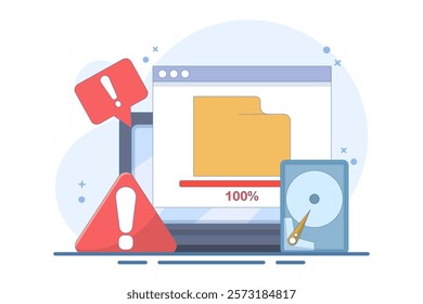 Full memory concept. File storage space is full. Can be used for landing page, template, web, homepage, poster, banner. Flat vector illustration on background.