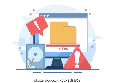 Full memory concept. File storage space is full. Can be used for landing page, template, web, homepage, poster, banner. Flat vector illustration on background.