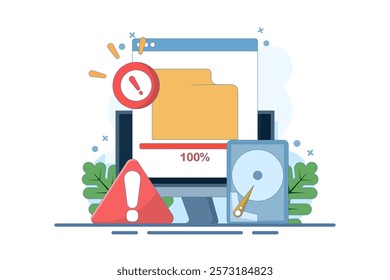 Full memory concept. File storage space is full. Can be used for landing page, template, web, homepage, poster, banner. Flat vector illustration on background.