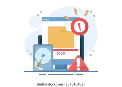 Full memory concept. File storage space is full. Can be used for landing page, template, web, homepage, poster, banner. Flat vector illustration on background.