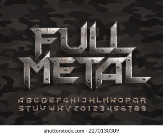 Vollständige Schriftart aus Metall. Rusty Metall Buchstaben und Zahlen mit Kugeln. Camo-Hintergrund. Stock-Vektorgrafik für Ihr Design.