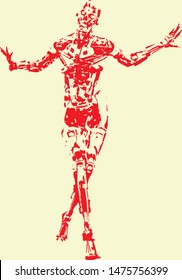 Full metal robot cyborg mocks, spreads his arms to the side bowed his head and crossed his legs. Real, serious, not cartoon