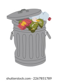 Full metal trash can flat icon. Vector illustration