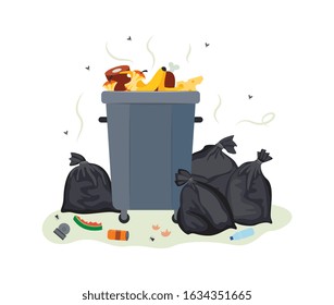 Full metal trash can overflowing with food waste - dirty and smelly garbage container and pile of black plastic bags filled with rotting rubbish. Isolated flat vector illustration.