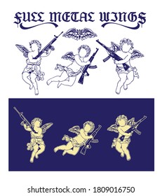 Full Metal Wings slogan print design with angels holding guns illustration