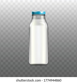 Full milk bottle mockup isolated on transparent background - realistic small glass or plastic drink container with closed lid and no label. Vector illustration