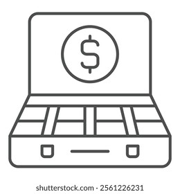 Full of money briefcase thin line icon, business savings concept. Vector graphics. Portfolio bag with dollar coin cash sign on white background, outline style icon for mobile or web design