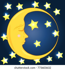 Full month with a closed eye in a blue night sky with stars