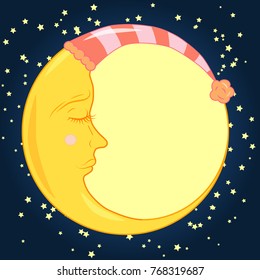 Full month in a sleeping cap with a closed eye in a blue night sky with stars